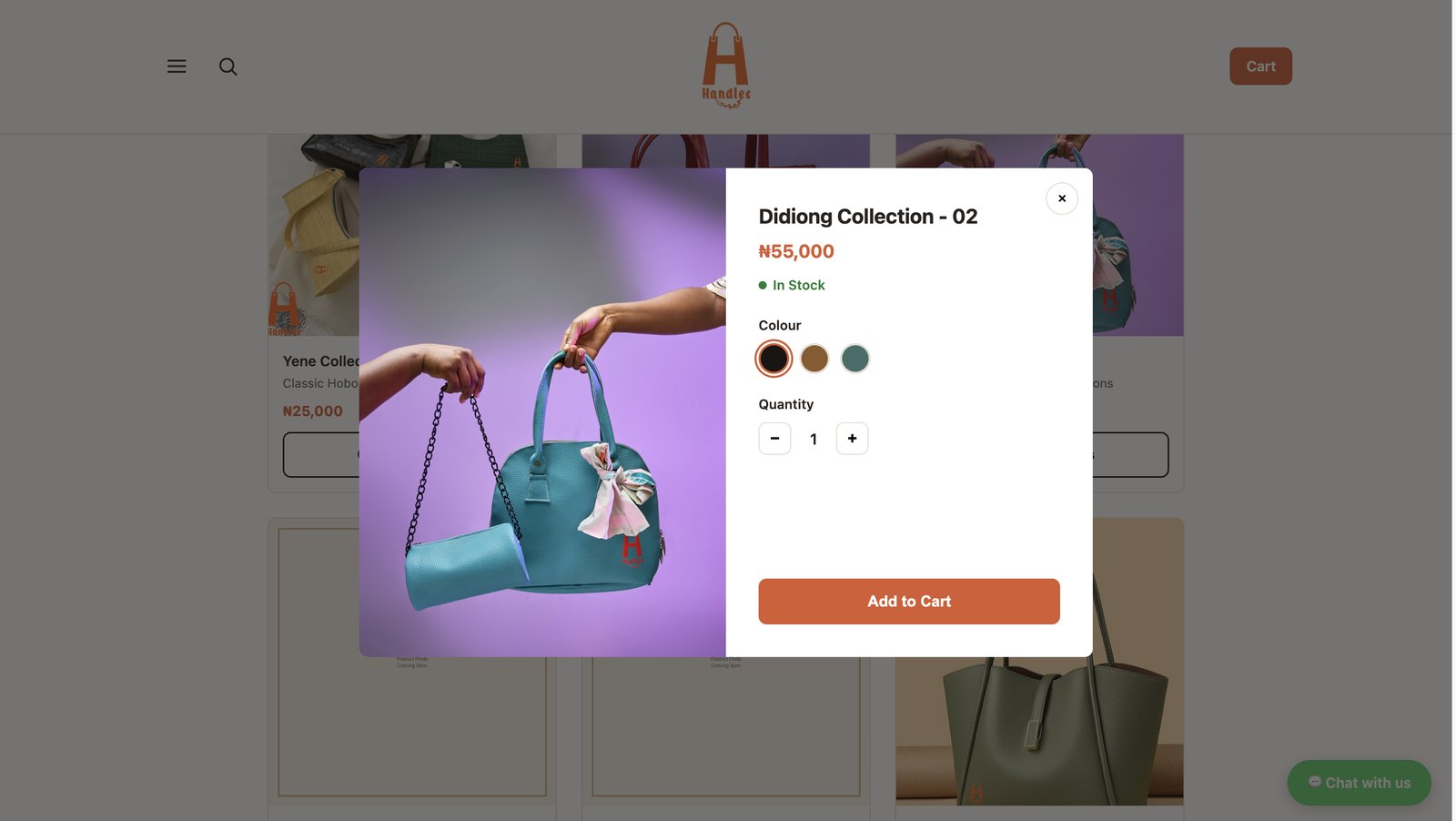 Mac Handles quick view modal with colour options and add to cart
