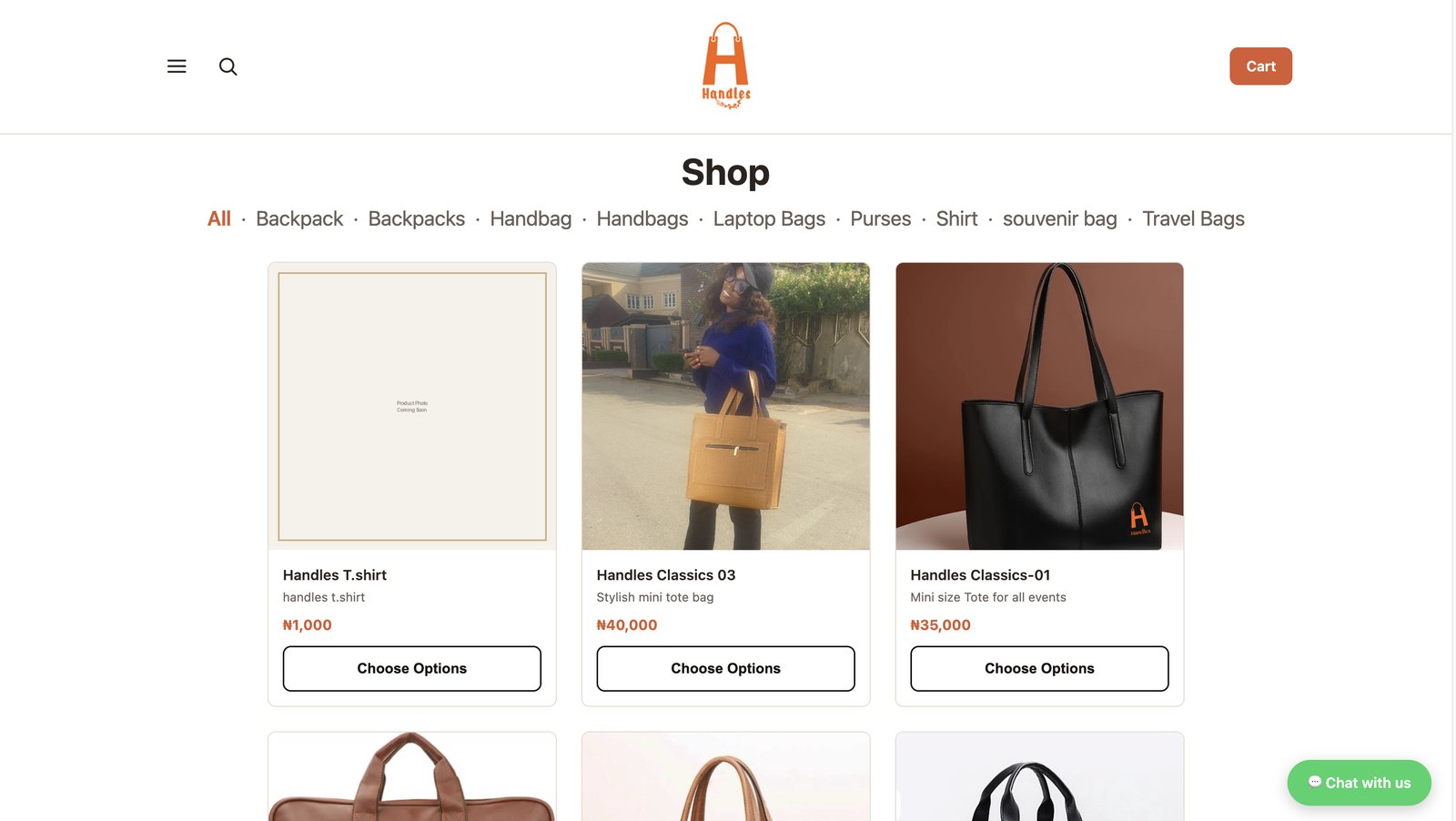 Mac Handles shop page with category filtering