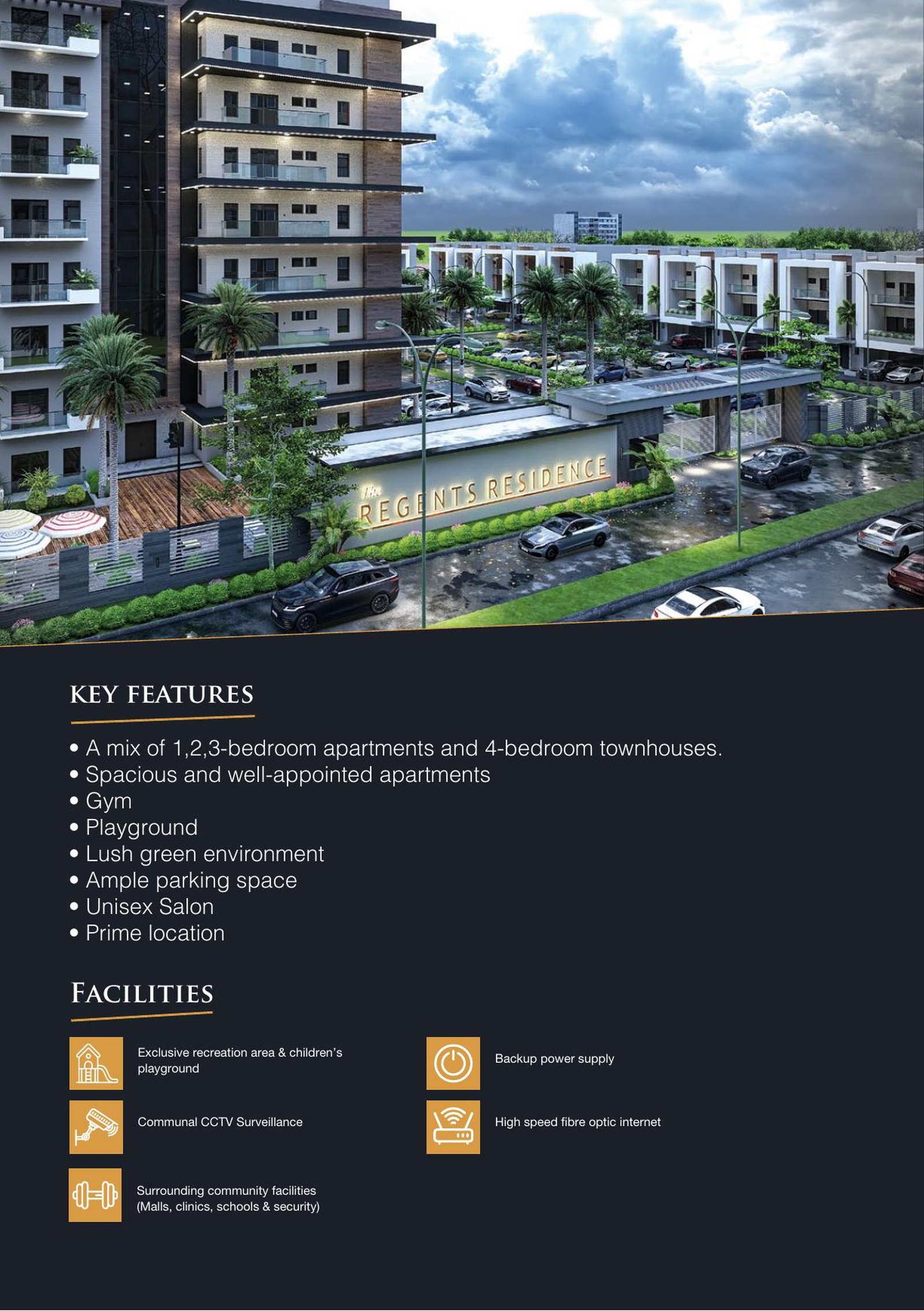 The Regents Residence key features and facilities spread
