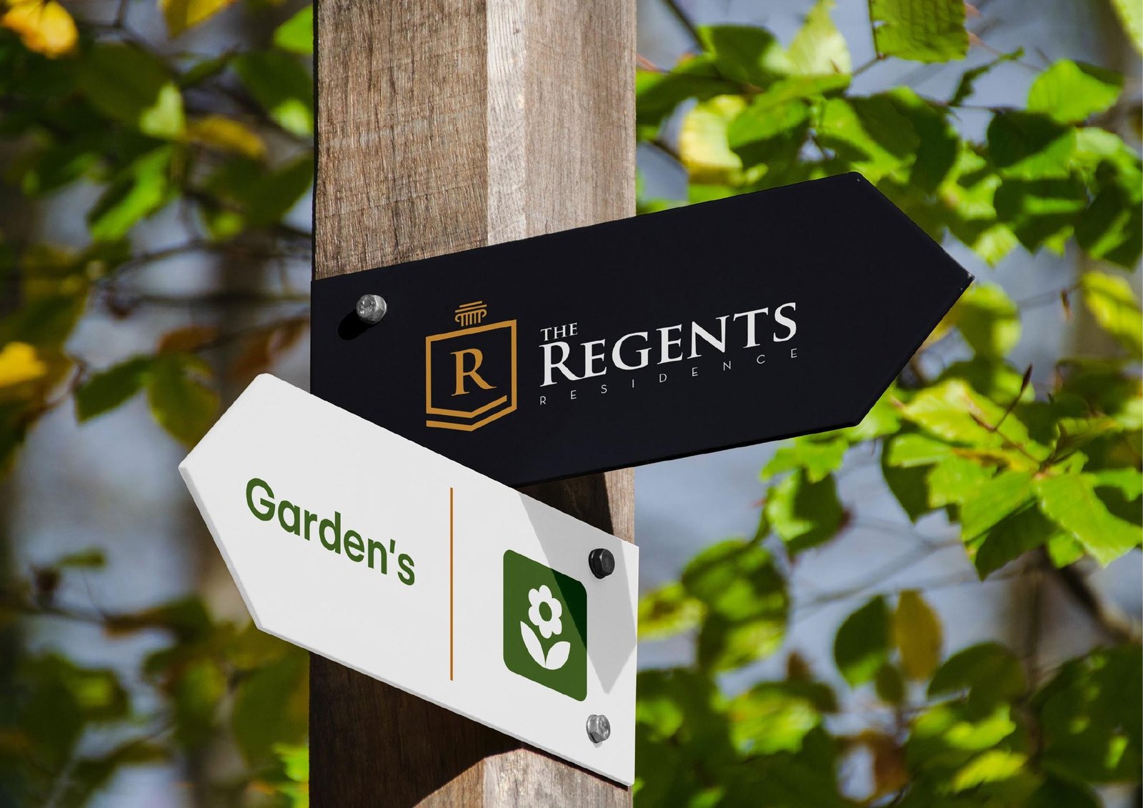 The Regents Residence wayfinding signage mounted outdoors